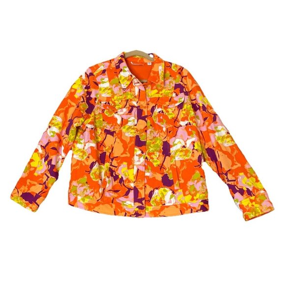 Isaac Mizrahi Live 1X Hippie Boho Floral Knit Denim Jacket 4 Pocket Colorful - Picture 1 of 6